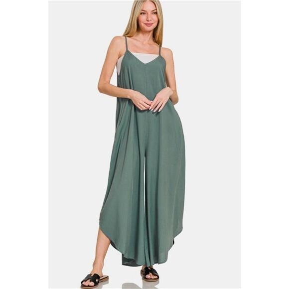 Zenana Sleeveless Curved Hem Wide Leg Overalls with Pockets - Picture 1 of 3